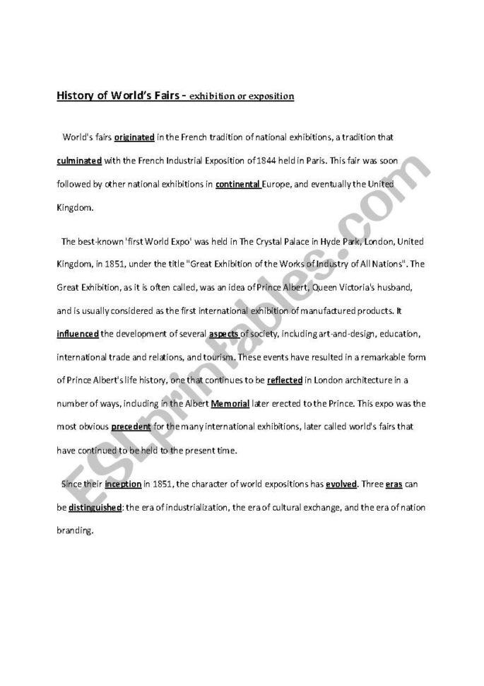 World Exhibitions History Vocabulary Reading For Gist And