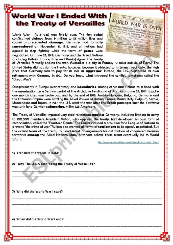 World R I Ended With The Treaty Of Versailles  Esl