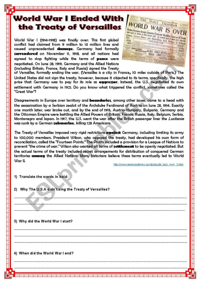 World R I Ended With The Treaty Of Versailles  Esl