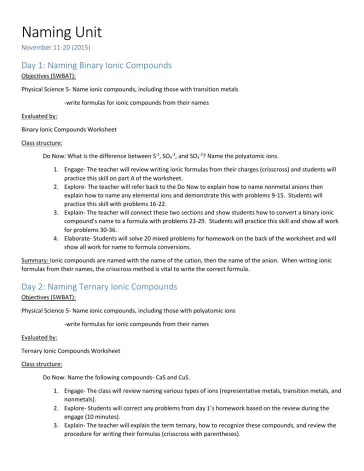 Writing And Naming Binary Compounds Worksheet Answer Key