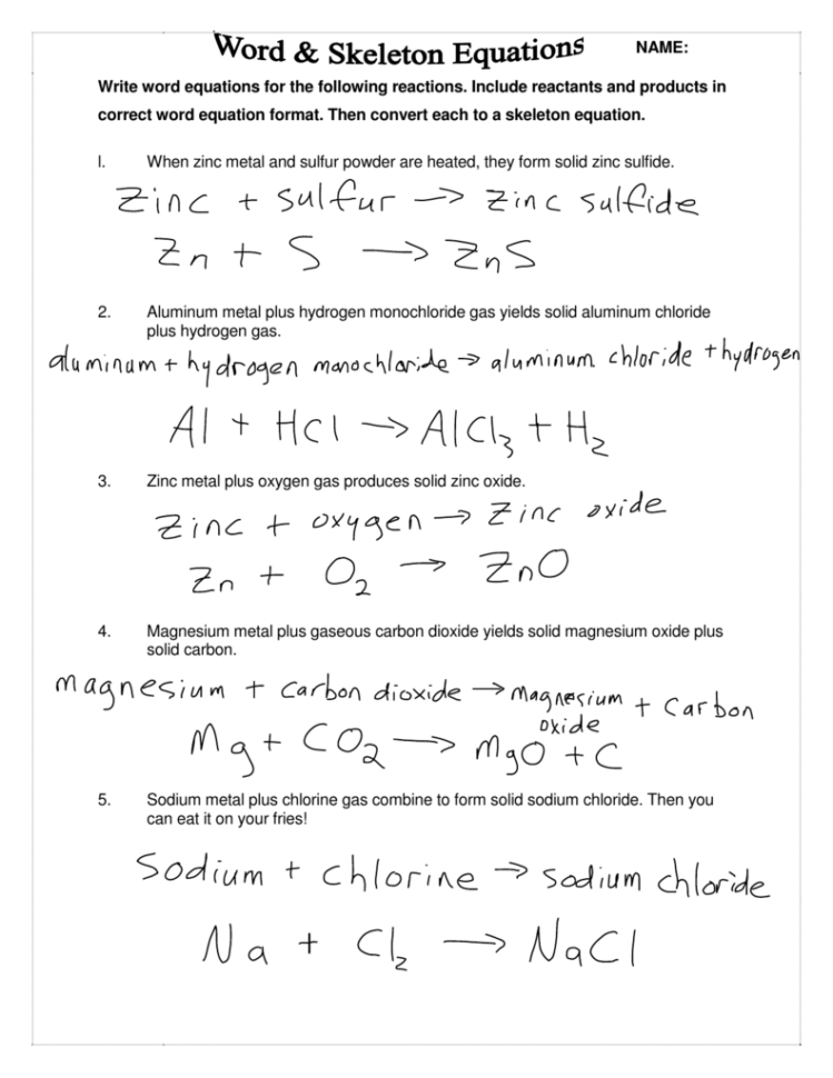 Write Word Equations For The Following Reactions Include