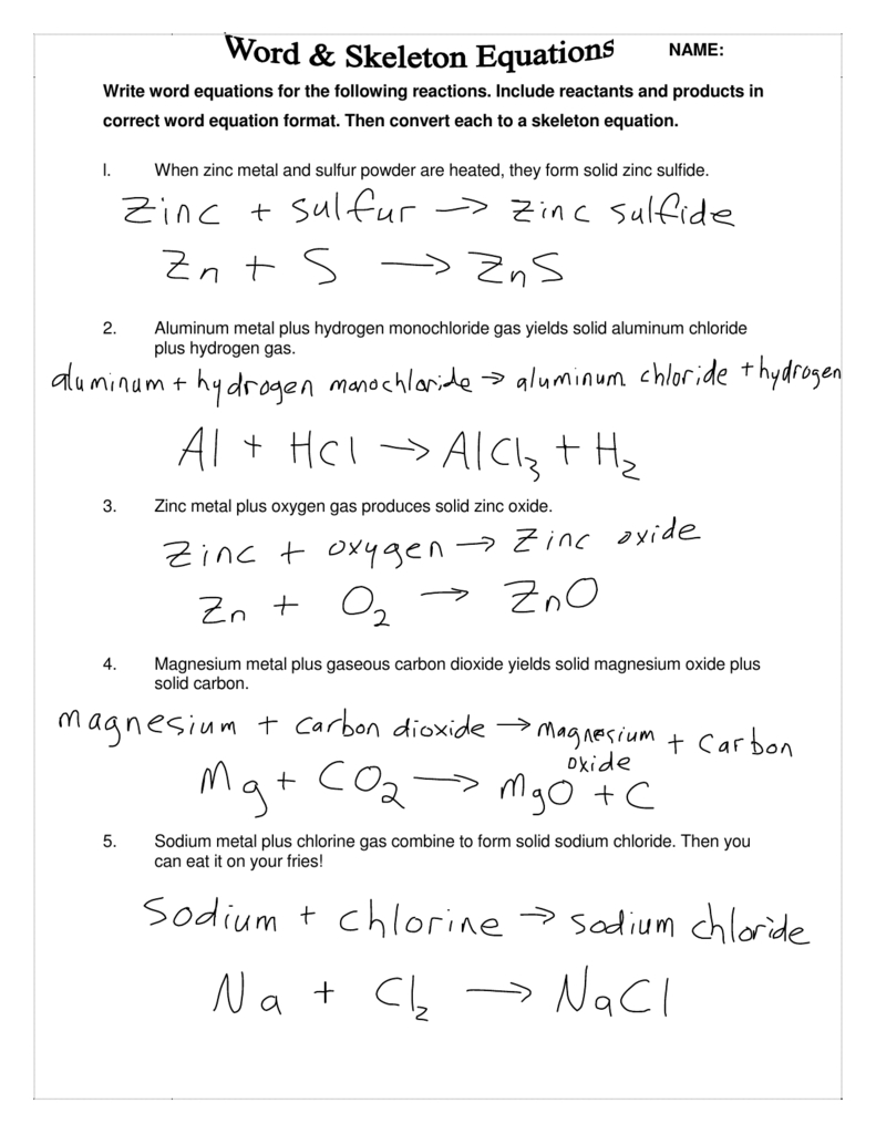 Write Word Equations For The Following Reactions Include