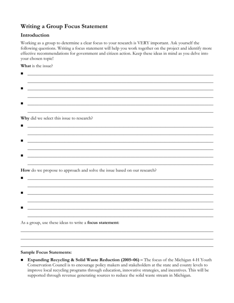 Writing A Group Focus Statement Worksheet