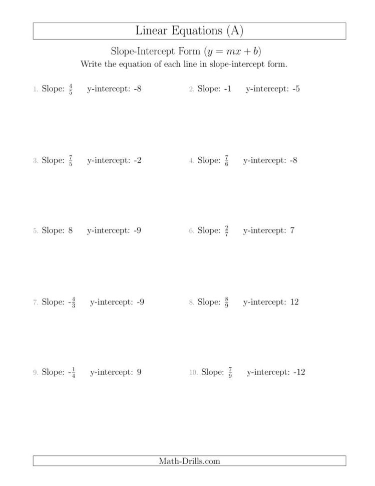 Writing A Linear Equation From The Slope And Yintercept A