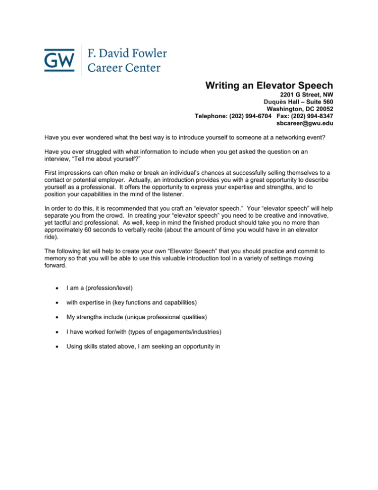 Writing An Elevator Speech