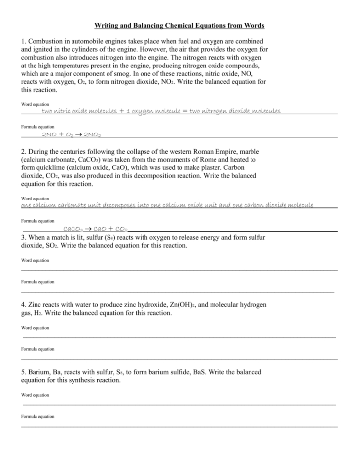 Word Equations Chemistry Worksheet