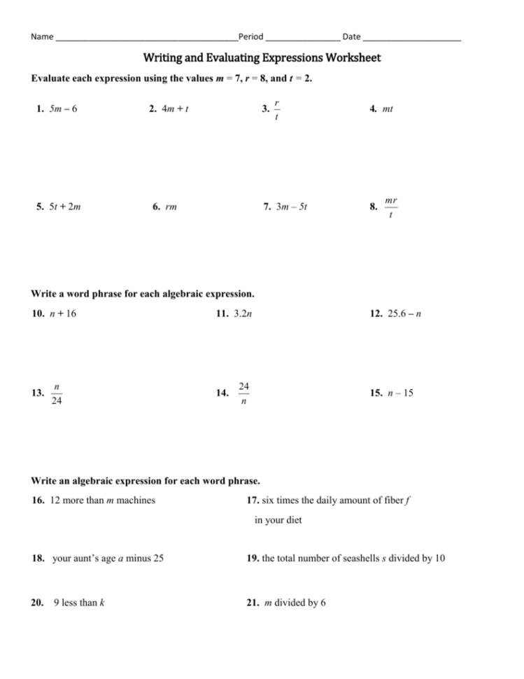 Writing And Evaluating Expressions Worksheet