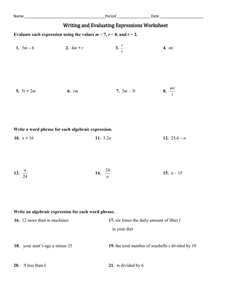 Writing And Evaluating Expressions Worksheet
