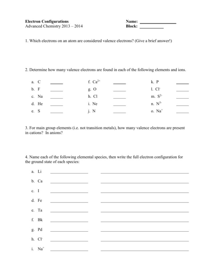 Writing Electron Configuration Worksheet Answer Key