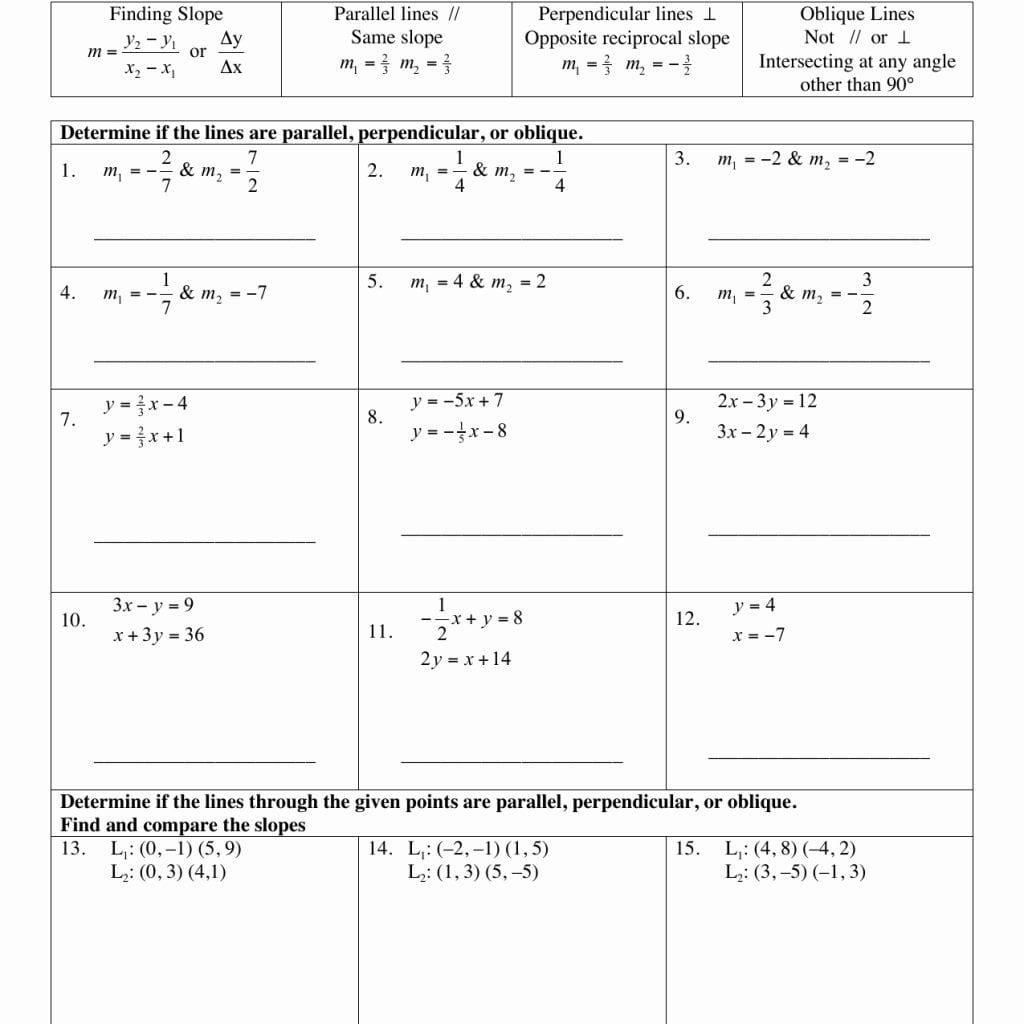 Equations Of Parallel And Perpendicular Lines Worksheet With Answers
