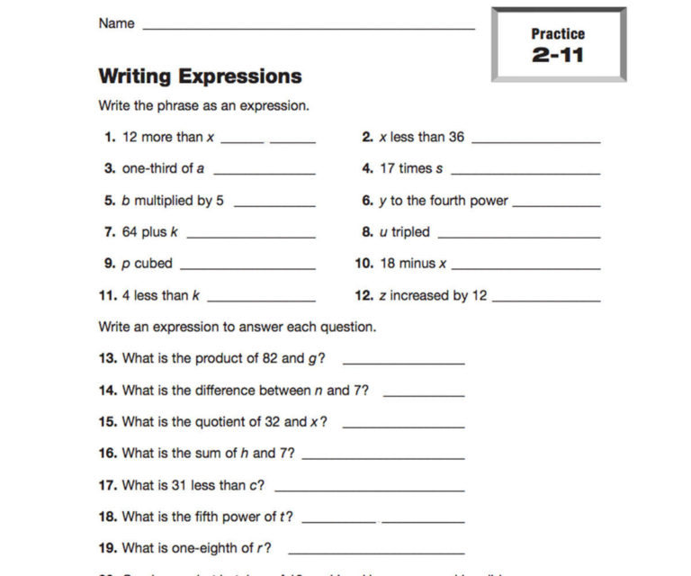 Writing Expressions From Verbal Phrases Worksheet