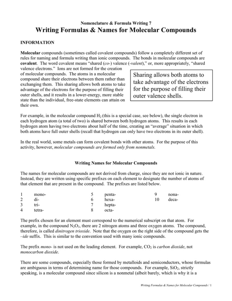 Writing Formulas  Names For Molecular Compounds