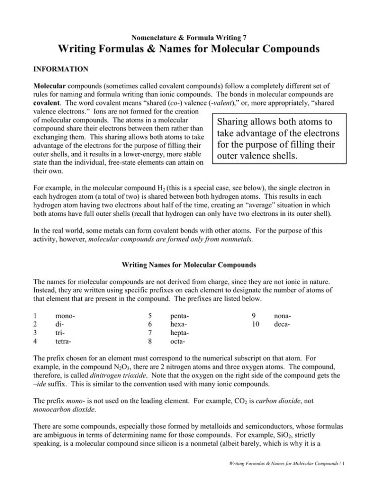 Writing Formulas  Names For Molecular Compounds Writing Formulas  Names For Molecular Compounds
