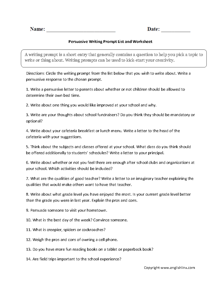 Writing Prompts Worksheets  Persuasive Writing Prompt