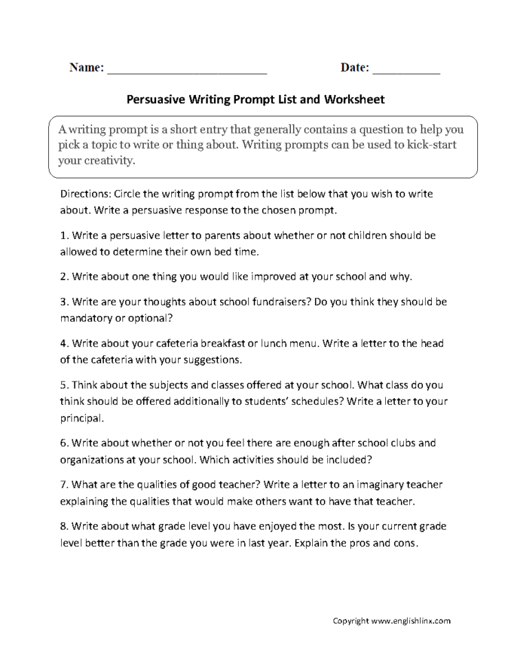 Writing Prompts Worksheets  Persuasive Writing Prompts