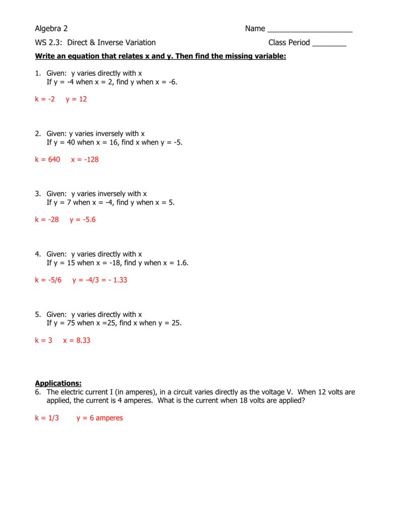 Direct And Inverse Variation Worksheet Answers Db excel