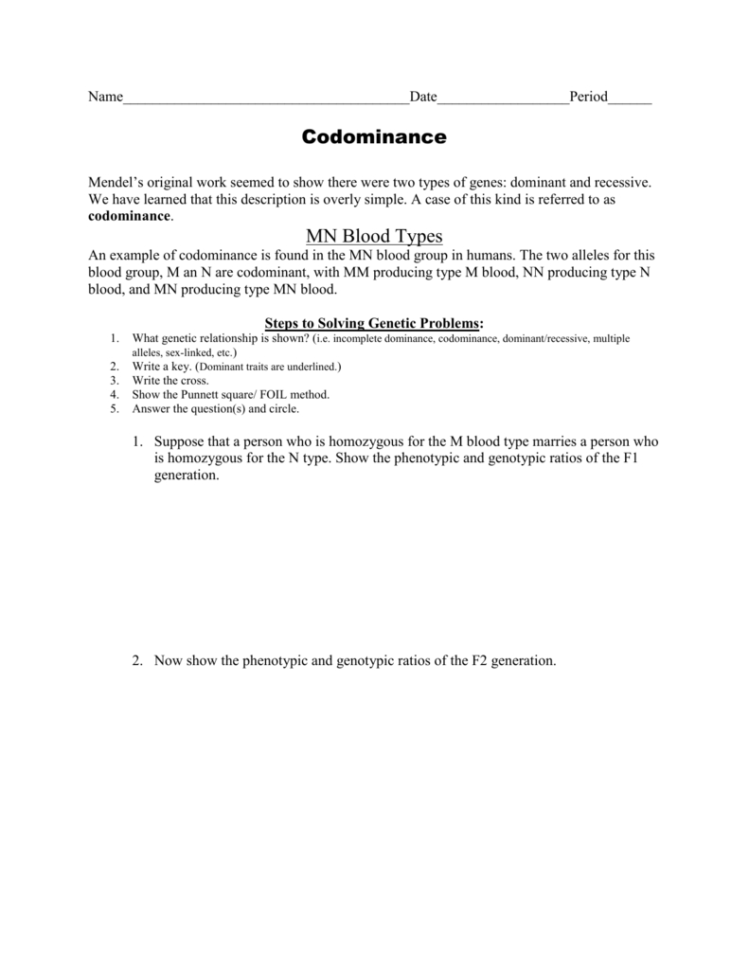 Ws  Codominance Worksheet