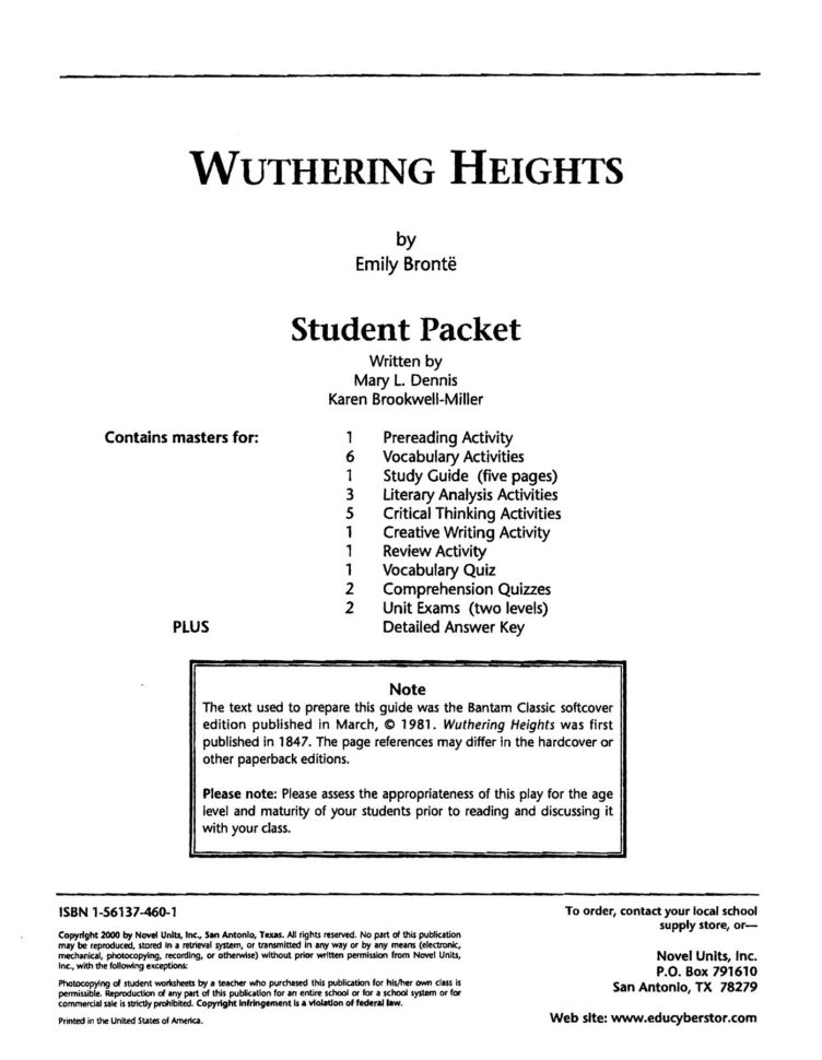 Wuthering Heights Student Packet With Reading Questions