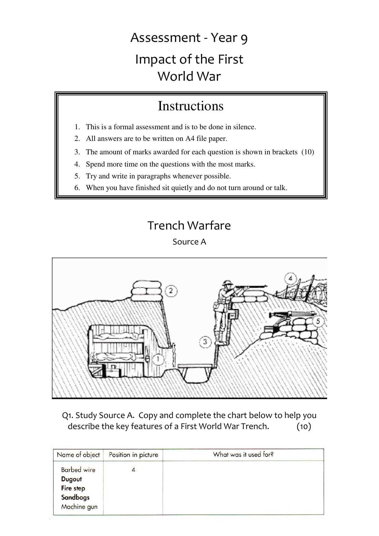 Wwi Source Assessment Worksheet  Year 9 Ks3 Lesson Resource