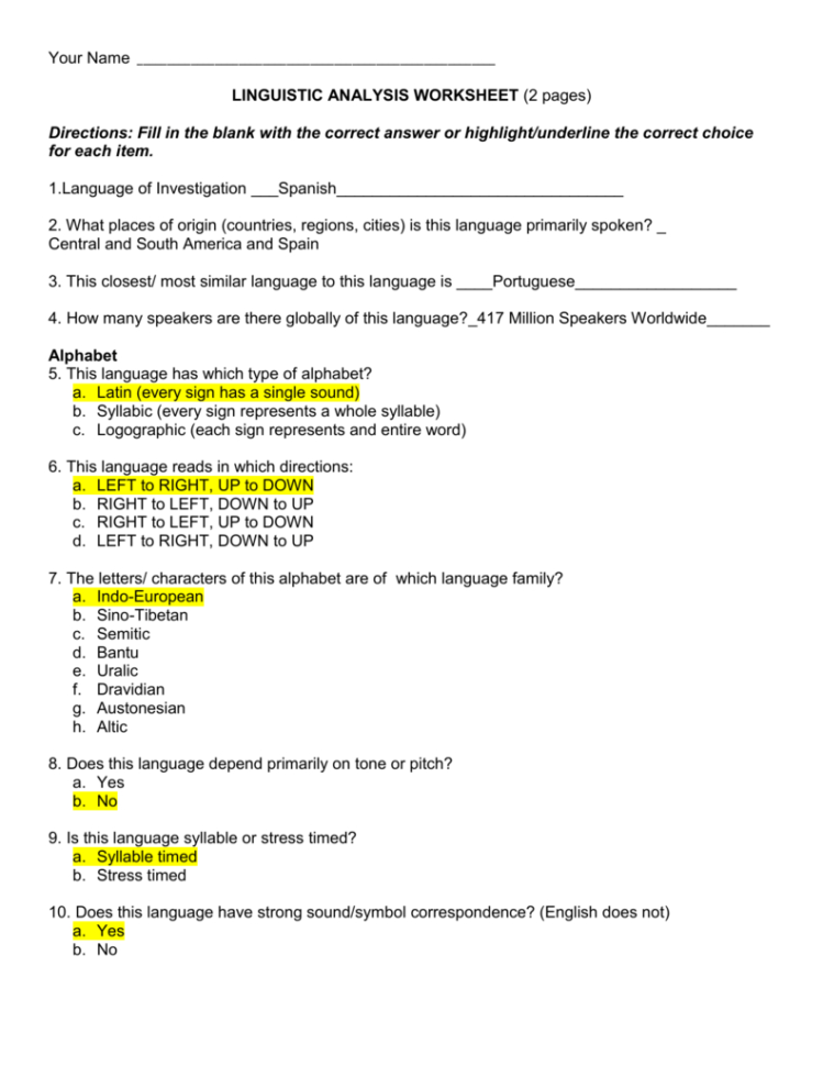 Your Name Linguistic Analysis Worksheet 2 Pages