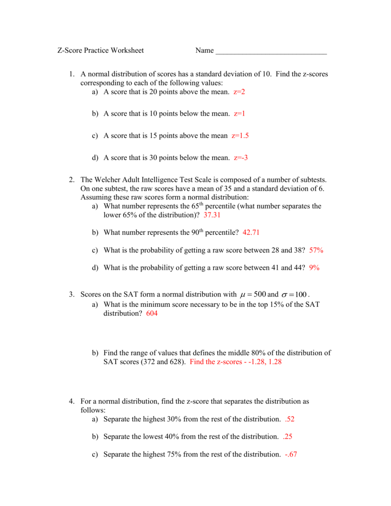 Z Score Worksheet Answers
